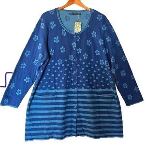 Gudrun Sjoden Blue Motif Mix "Belle" Cardigan Sweater Large Floral Stripe